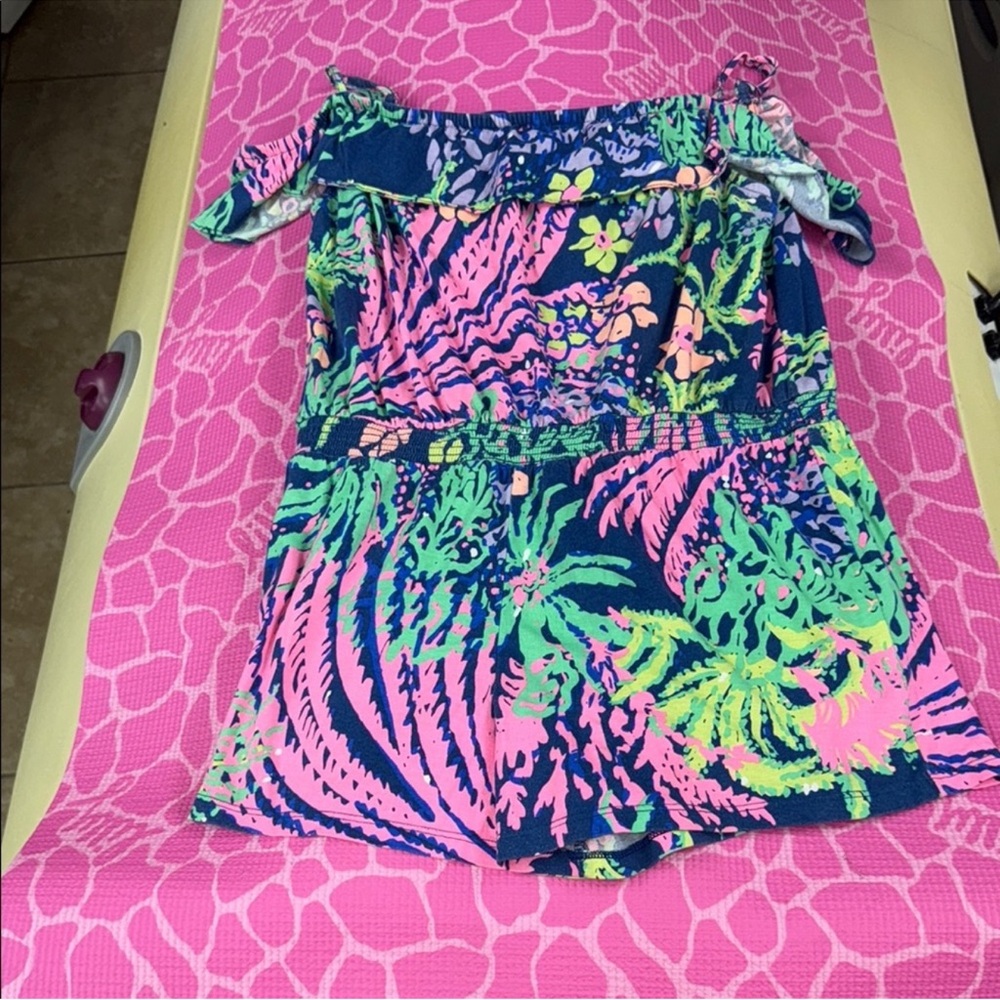 Lilly Pulitzer Kids One Piece in Pink and Green Tropical Print